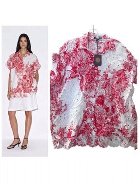 M Made In Italy NEW Cotton Eyelet Embroidered L Oversized Red White Button Shirt